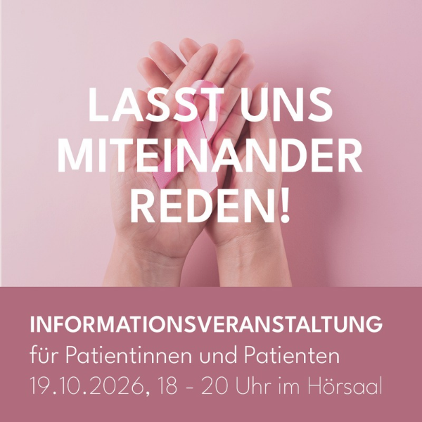 Hände halten eine Brustkrebsschleife - Text wirbt für die Veranstaltung